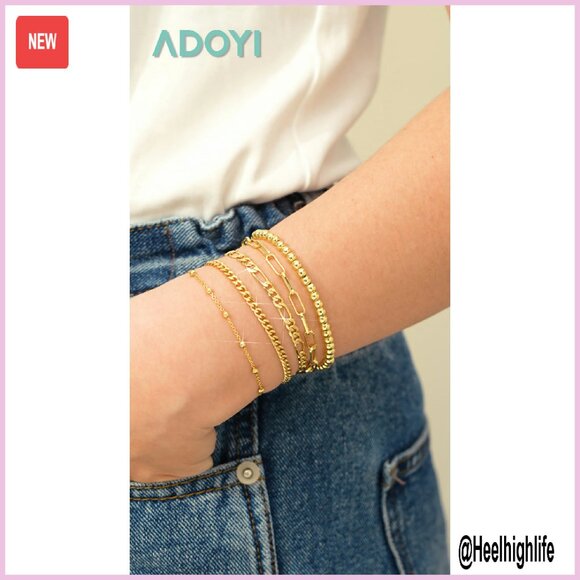 14K Gold Plated Stackable Bracelet Set Adjustable Cuban Link Chain 6.8" - Picture 8 of 8